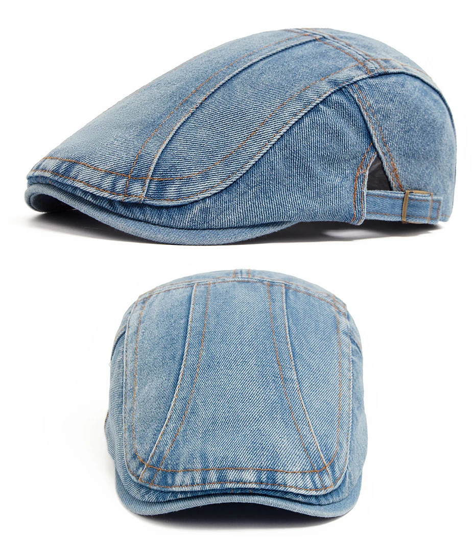 Frauen Baskenmütze Mode Denim Vintage Zeitungsjunge Mütze Für Männer Sommer Solide Gewaschen Flache Kappen Casual Weibliche Visier Hut Unisex Einstellbar – Detail 7