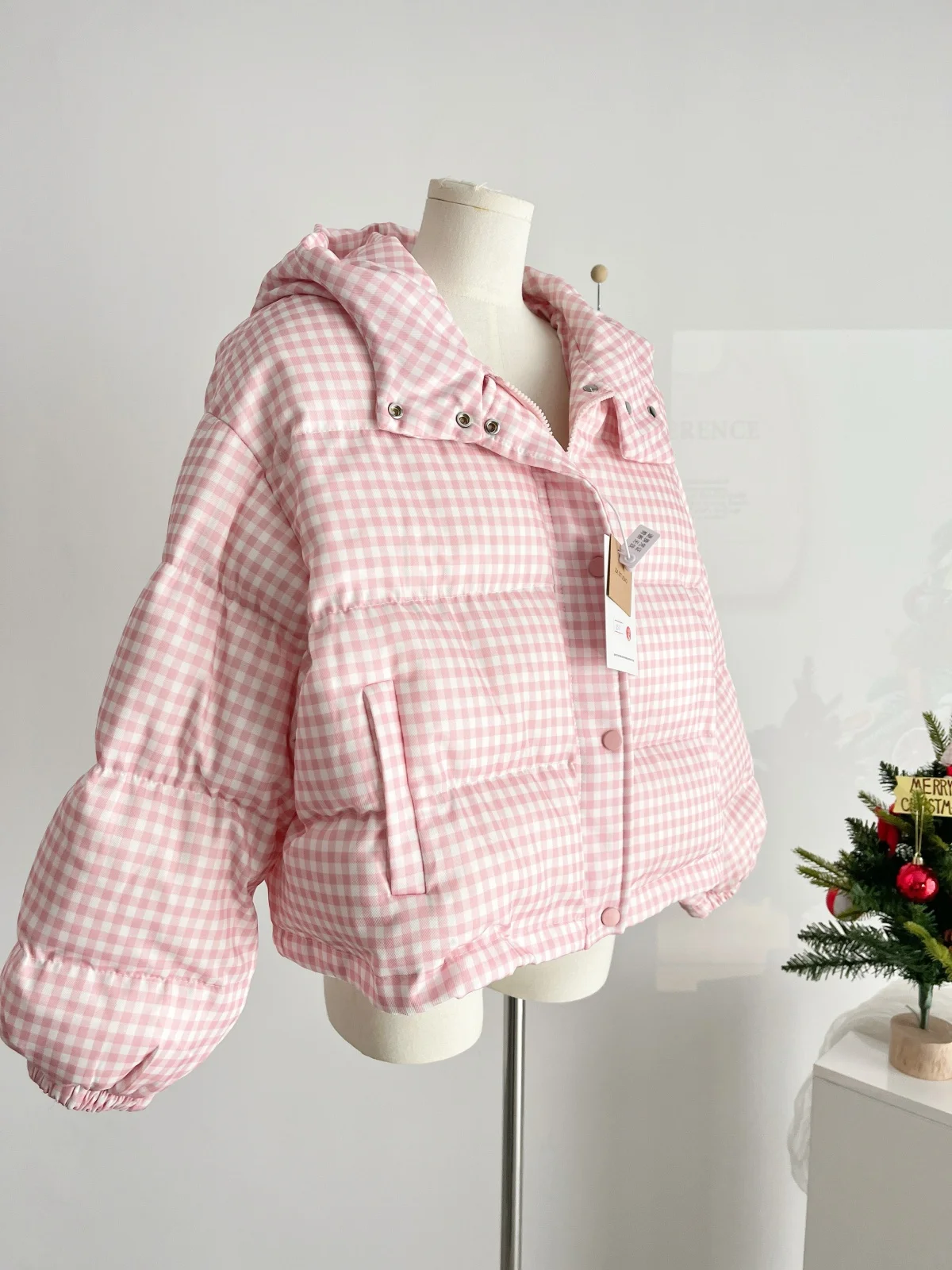 Manteau court en duvet de canard rose et blanc pour femme, joli manteau chaud à manches longues, à capuche, à carreaux, mignon, rembourré, vêtements d'extérieur, automne hiver