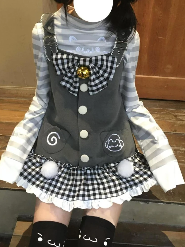 Autumn Winter Japanese Sweet Kawaii 2 Piece Women Striped Tops + Plaid Strap Skirt New Fashion Grey Harajuku Cute Bow Fairy Suit