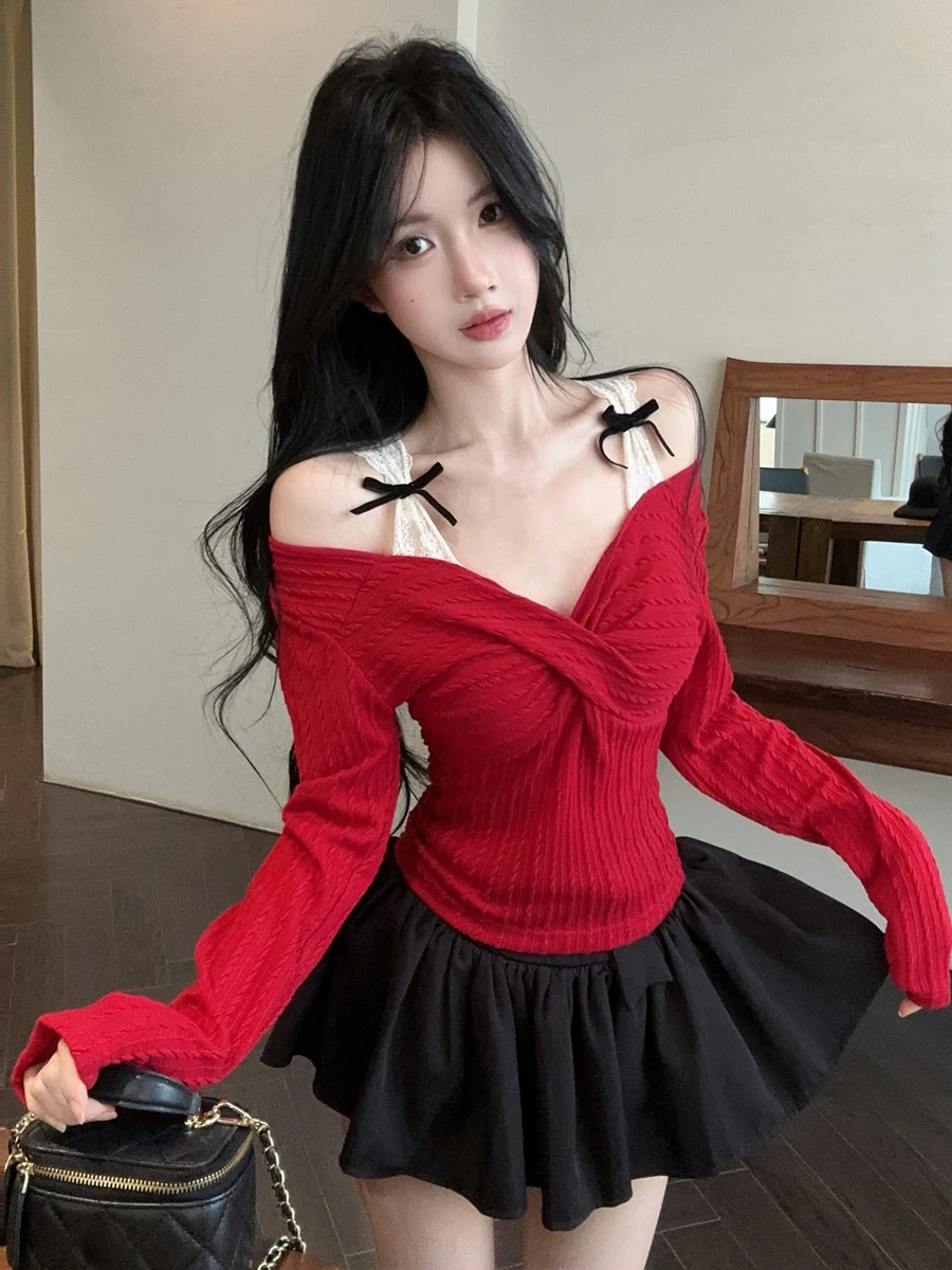 

Сексуальный вязаный длинный топ Pure Desire с v-образным вырезом и кружевным ремешком, женский модный повседневный топ с колючками и пряными плечами