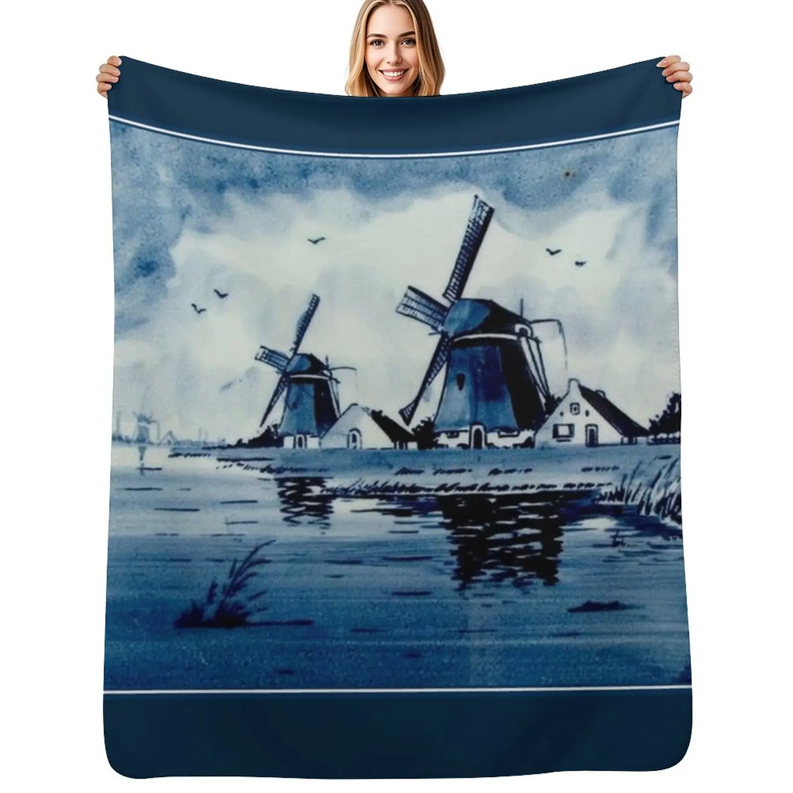 

DUTCH BLUE DELFT : Vintage Windmills Print Throw Blanket Furrys Extra Large Throw Moving for babies Blankets