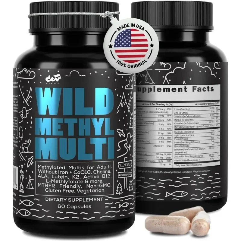 Wild Methylated Multivitamins for Men And Women with Folic Acid Vitamin C a K2 D E Choline Biotin Coenzyme Q10 - Nutritional Sup