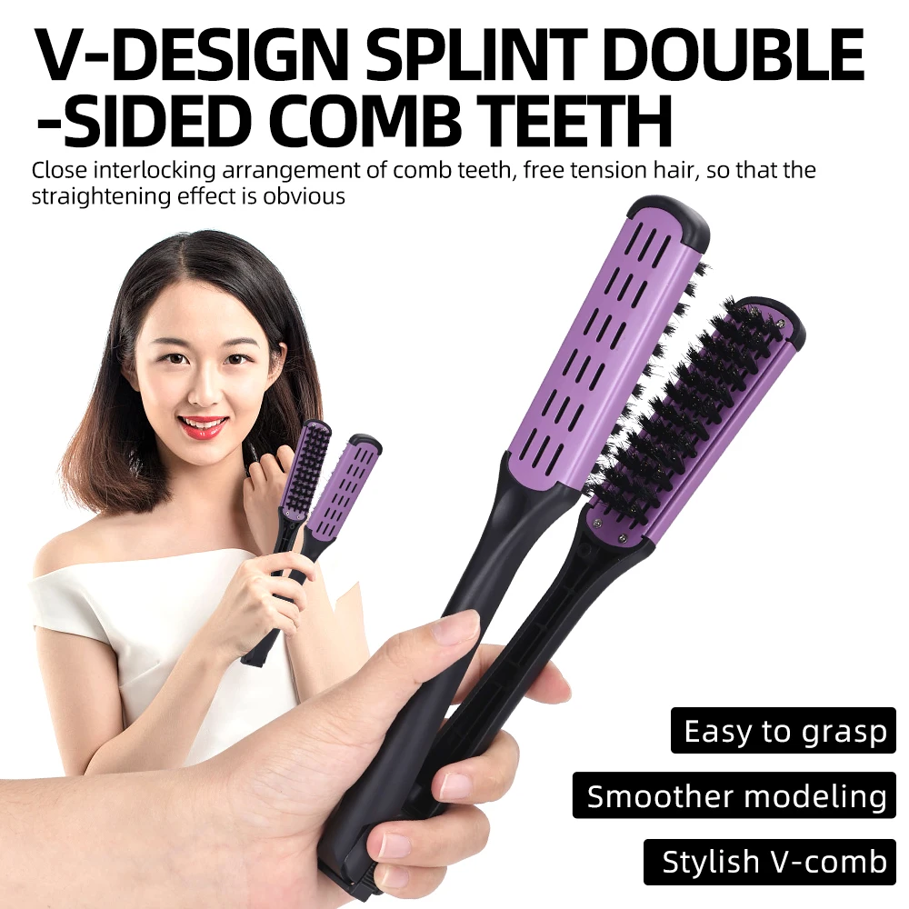 Double Sided Hair Straightener Comb & Styling Brush 2 in 1 Natural Wood Styling Tool for Women Frizz Free Sleek Hair
