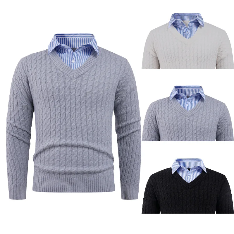 

Autumn and Winter New Men's V-neck Pullover Knitted Fake Two-piece Top Korean Minimalist Sweater Men's Casual Knitted Sweater
