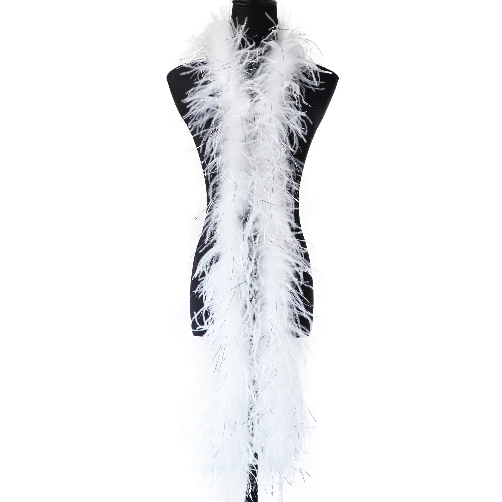 

2ply Top Quality Ostrich Feathers Boa with Silver Thread for Sewing Wedding Dress White Feather Scarf Decoration Creative Crafts