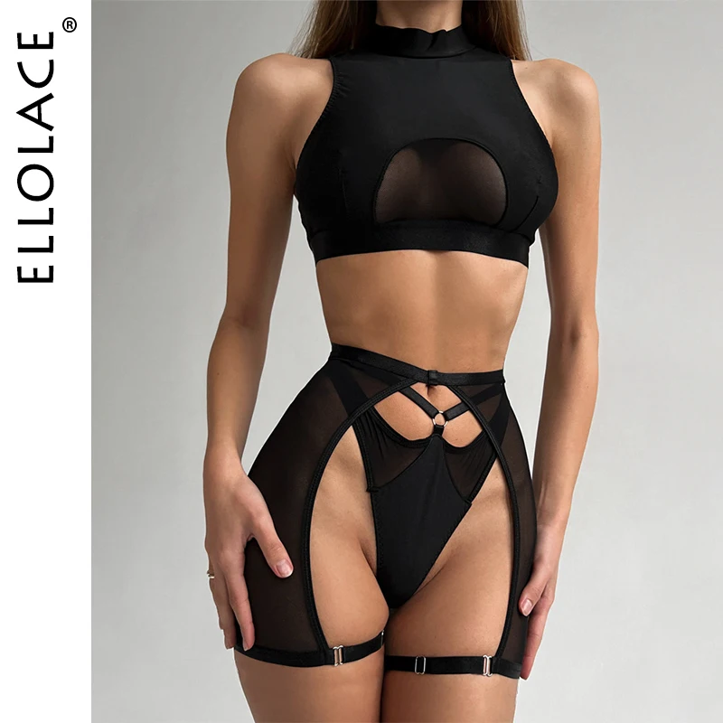 Ellolace Sexy Lingerie Set Woman 3 Pieces Vest Top Seamless Underwear Garter Belt Set Thong Black Intimate Exotic Sets