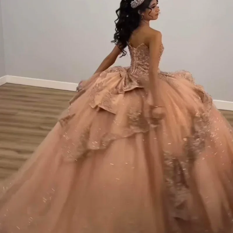 Mode Rose Goud Quinceanera Jurk Prinses Applique Kant Kristal Off Schouder Prinses Baljurk Verjaardag Vestidos De 15 Anos