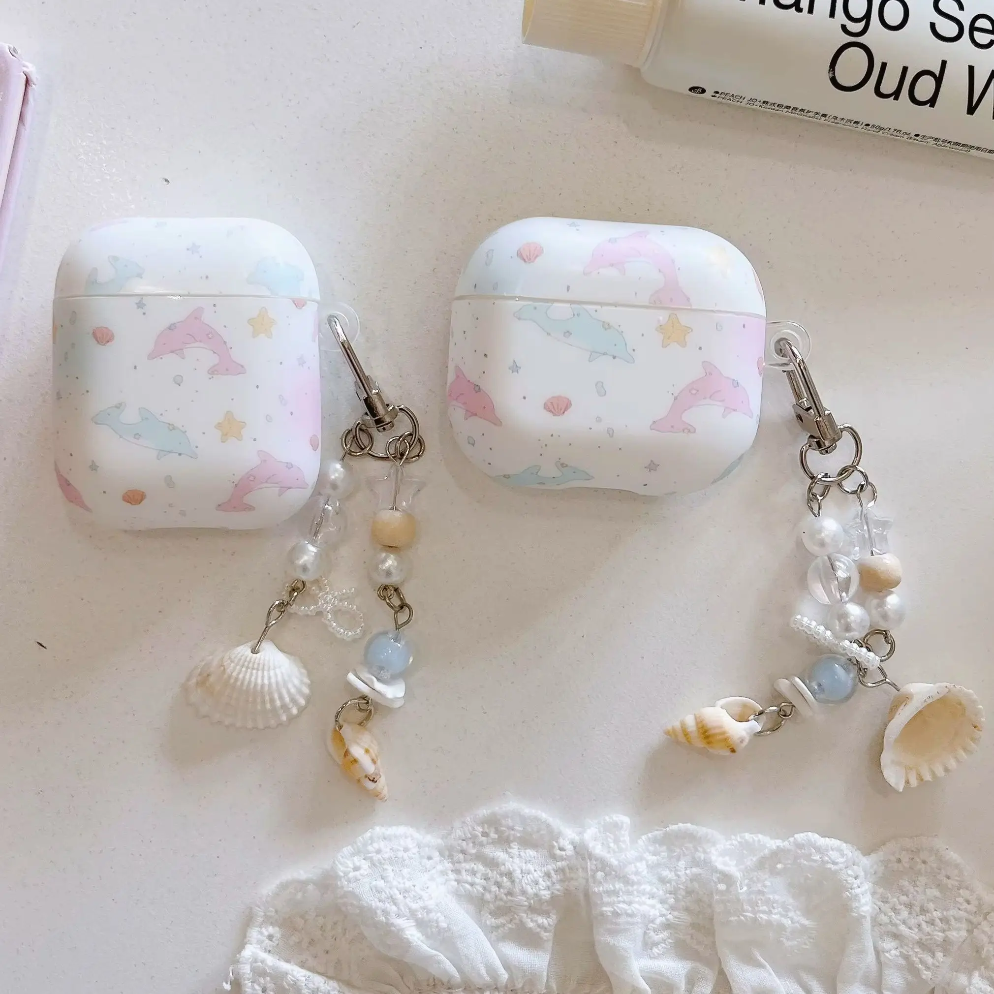 Cute Pink Blue Dolphin Starfish Conch Splash Ink White Matte Earphone Cover Case For AirPods 2 3 4 5 Pro Pro2 Pro3 with Pendant