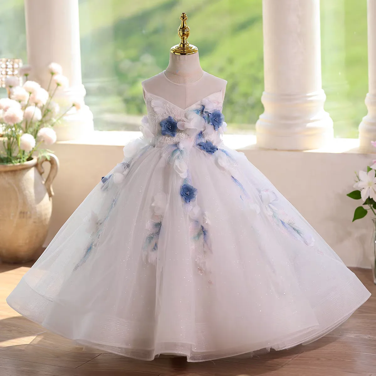 

Dreamy Vow D104, белое платье с цветочным узором без рукавов и аппликацией из бисера, детское праздничное длинное бальное платье принцессы для вечеринки