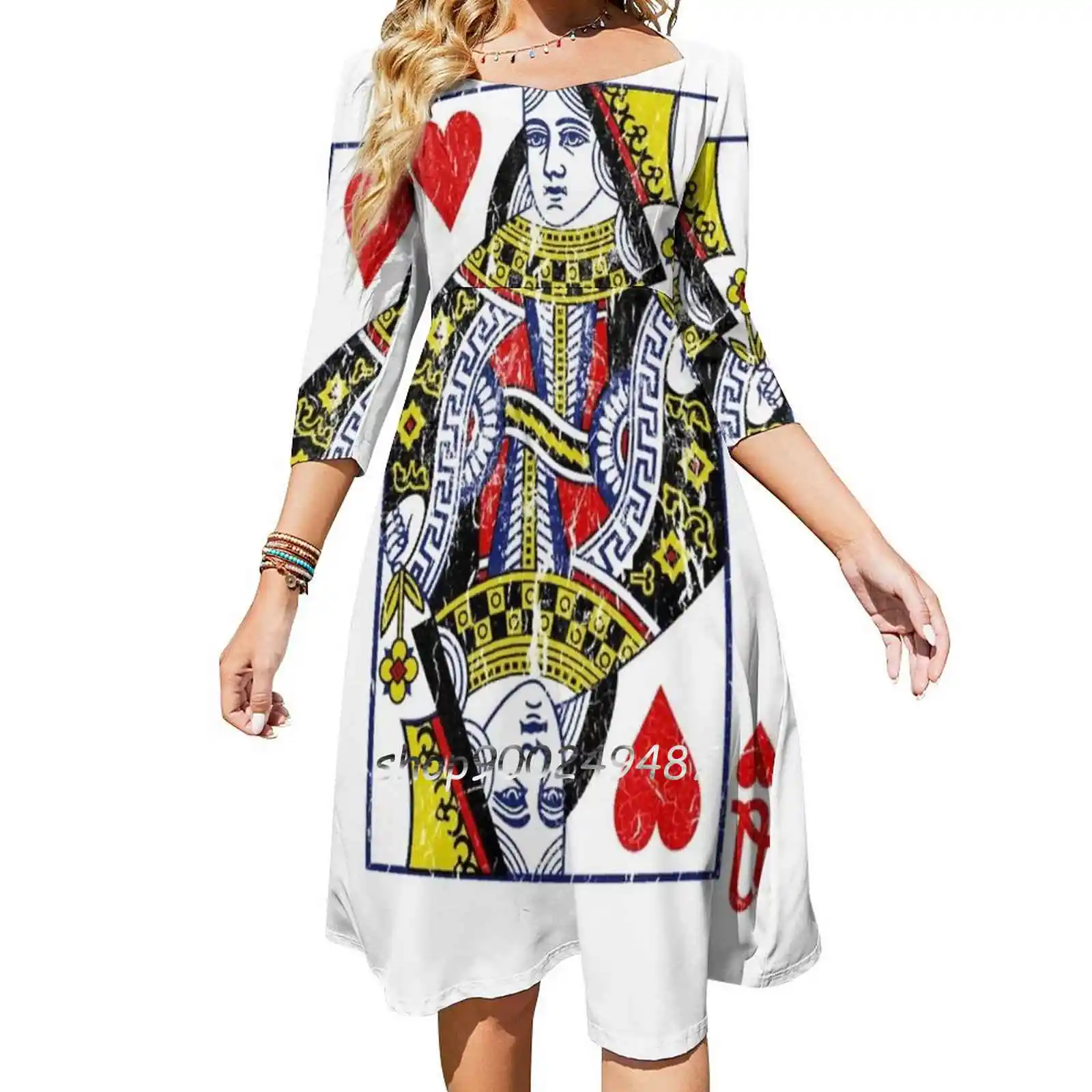 Queen Of Hearts Playing Card Square Neck Dress New Plus Size Elegant Women Waist Tight Dress Queen Of Hearts Playing Game Poker