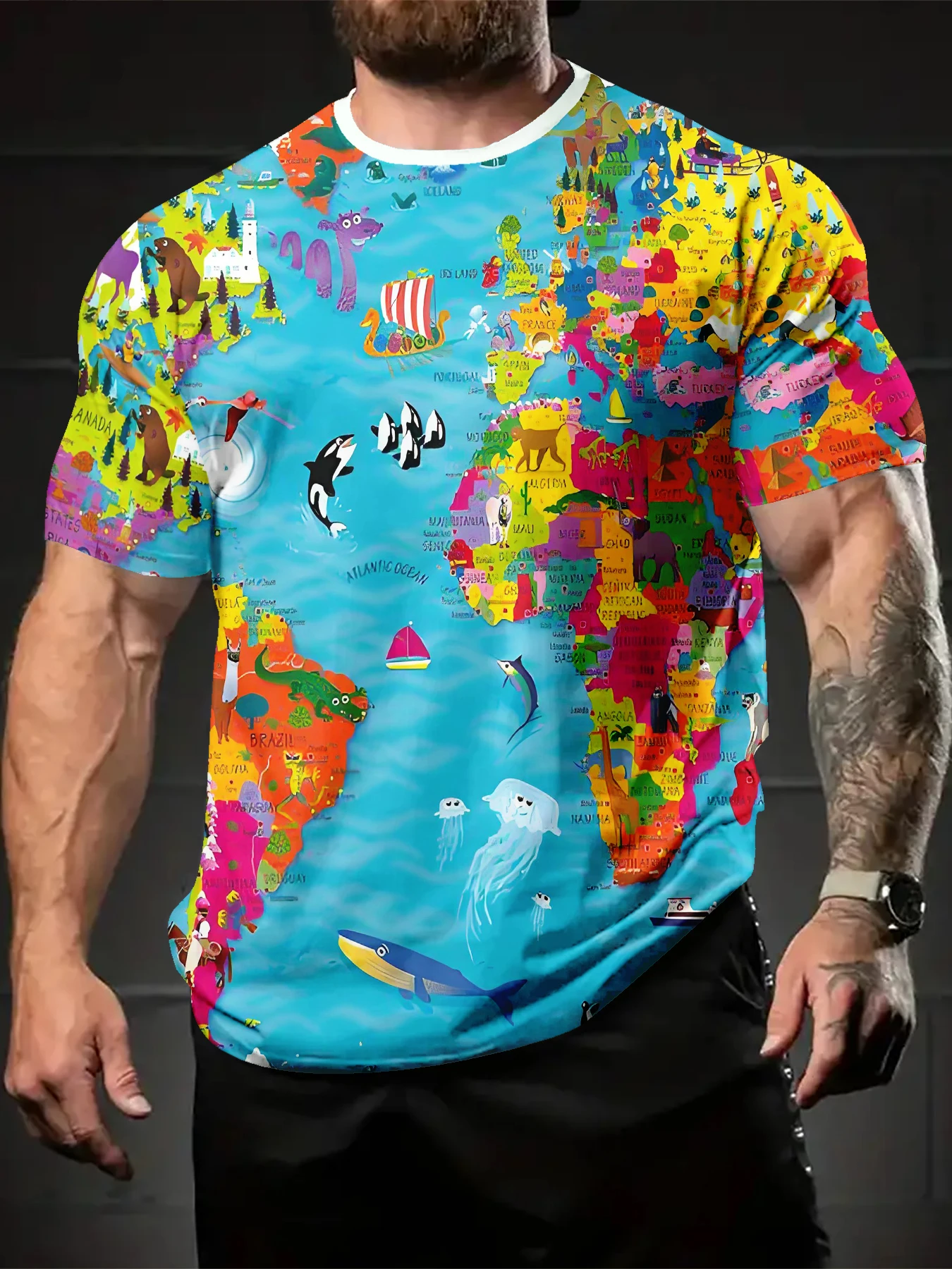 Men Crew Neck Tee With Colorful Map Sea Animal Decor Print
