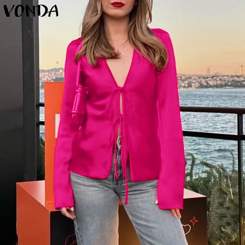 

Женские атласные рубашки больших размеров VONDA, хорошо облегающие однотонные топы со шнуровкой по центру, модные элегантные блузки, повседневные топы с длинными рукавами