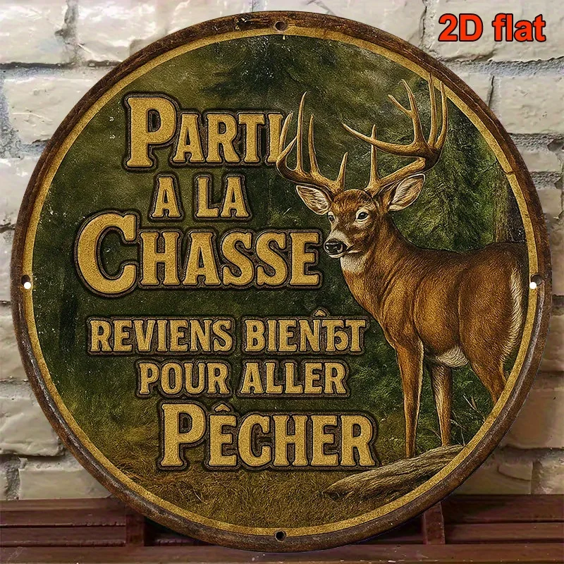 2D Vintage Metal Sign French Hunting Fishing Deer Retro Rustic Tin Wall Art Plaque for Home Bar Cabin Decor Gift
