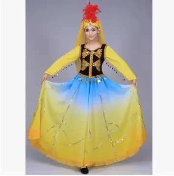 

Xinjiang Dance Dress Performance Stage Woman Uygur Chinese Folk Sequins Kazakh Tradition Top Skirt Performance Chiffon Sequin