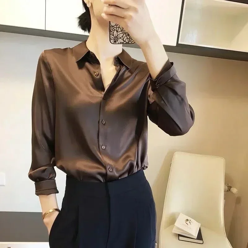 2024 Korean Brand Luxury Women Shirt Elegant Office Shirts Momi Silk Crepe Satin Blouses Business Ladies Top Blusas Estampadas