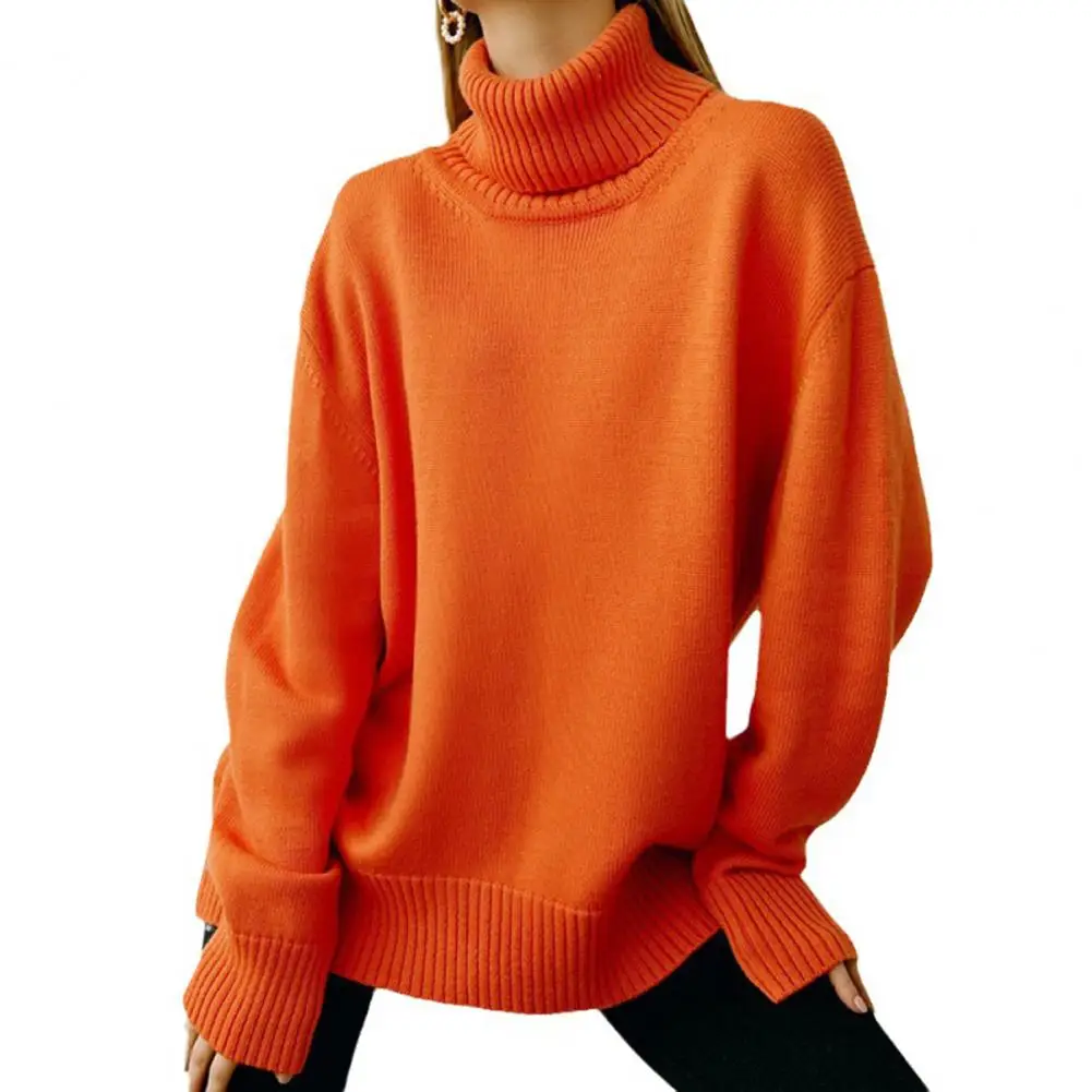 

Women Sweater Stylish Women's High Collar Sweater with Ribbed Trim Loose Fit Pullover Top in Solid Color Mid-length for A