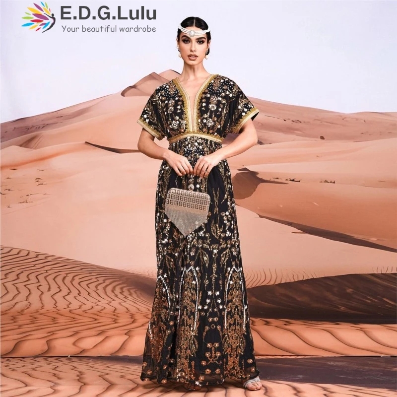 

EDGLuLu Women's V-Neck Short Sleeved Long Evening Dresses Elegant Luxury Floral Sequin Dress Formales Vestidos Robe 0803