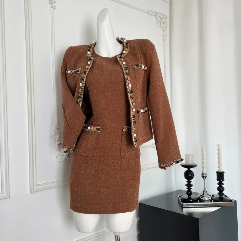 2024 autumn winter Two Piece Set Women Tweed Jacket Coat + Dress Luxury 2 piece sets women outfit conjuntos femininos elegantes