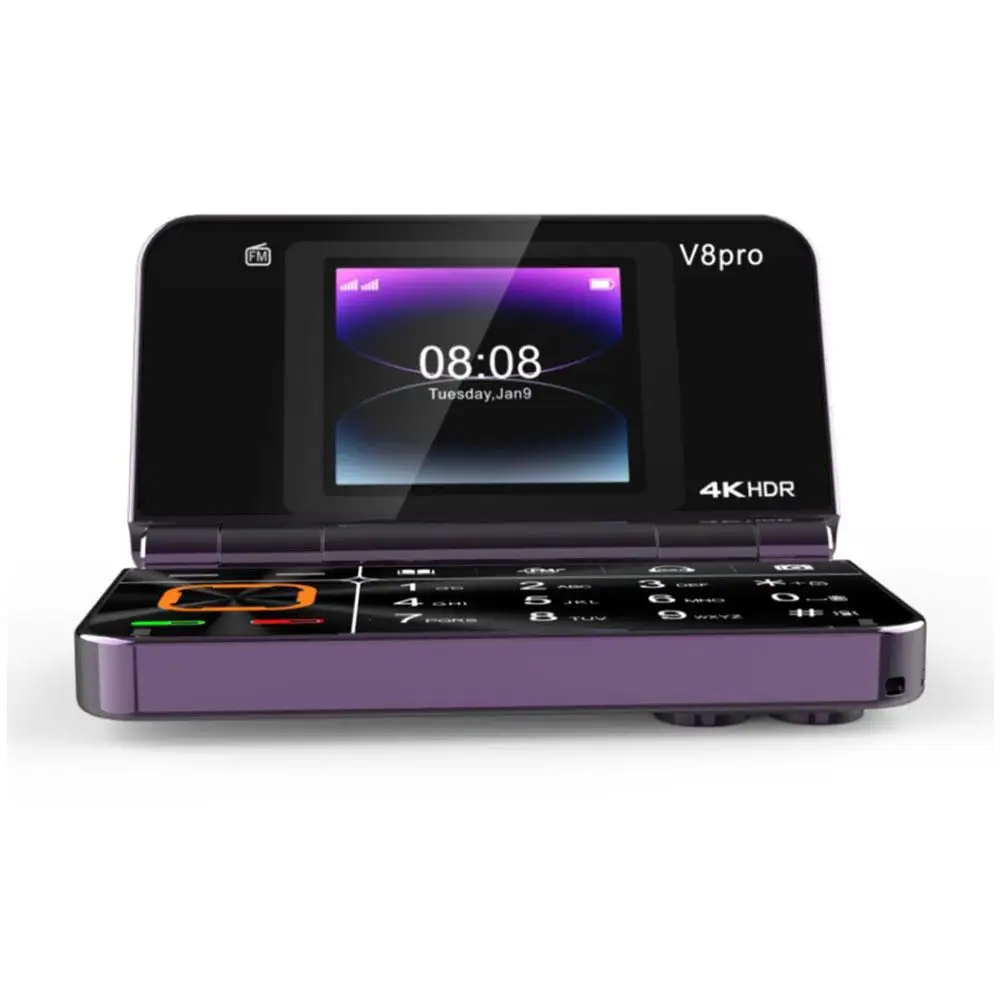 V8 Pro Mini opvouwbare flip-telefoon 2G Senior mobiel met grote knoppen Zaklamp en meertalige ondersteuning Dual SIM Dual Standby 2G
