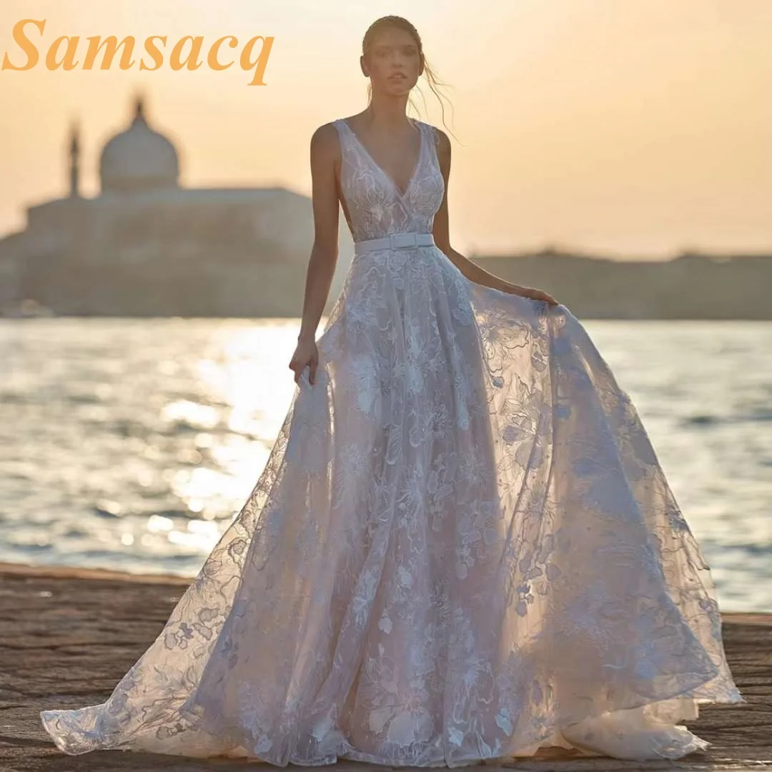 Customized Sexy Illusion V Neck Lace Vintage Wedding Dresses Luxury Appliques Belt Sweep Train A Line Bridal Gown