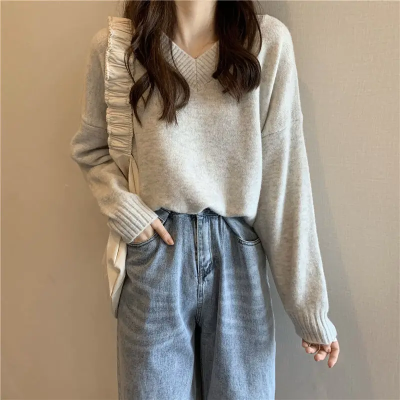 Auyumn Winter Solid Thick Sweet Pullovers V-neck Intellectual Loose Comfortable Temperament Screw Thread Women's Clothing 2022