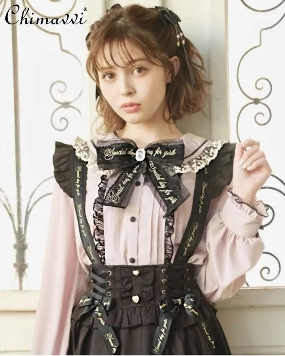 

Japanese Liz Fashion Letter Print Bow Lace Shirt Autumn Girl's Sweet Cute Lolita Mine Loose Long Sleeve Blouse Women Tops