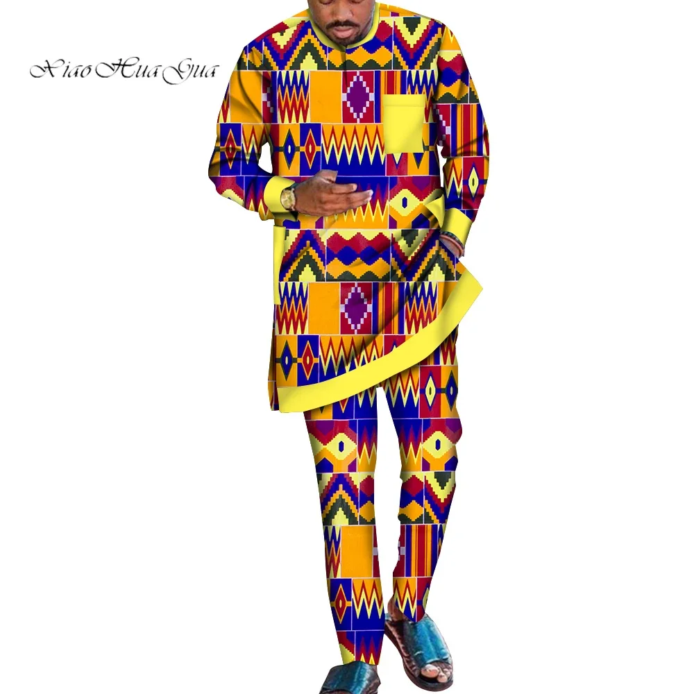 

Mens African Clothing Plus Size Dashiki Men 2 Pieces Set Long Sleeve Shirts and Pant Traditional Cotton Party Clothing WYN1804