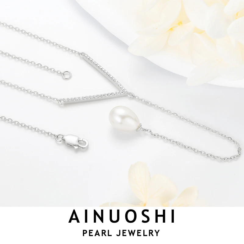 

AINUOSHI Women's Collar Plata 925 Sterling Silver Y Chain Necklaces White Freshwater Pearl Pendant Necklace Jewelry Party Gift