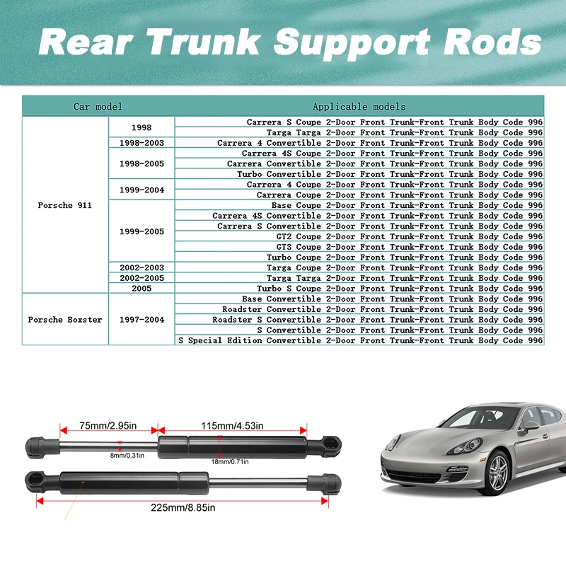 2pcs Car Gas Spring Lift Support Struts For Porsche 911 1998 1999 2000 2001 2002 2003 2004 2005 Front Bonnet Hood Rear Trunk