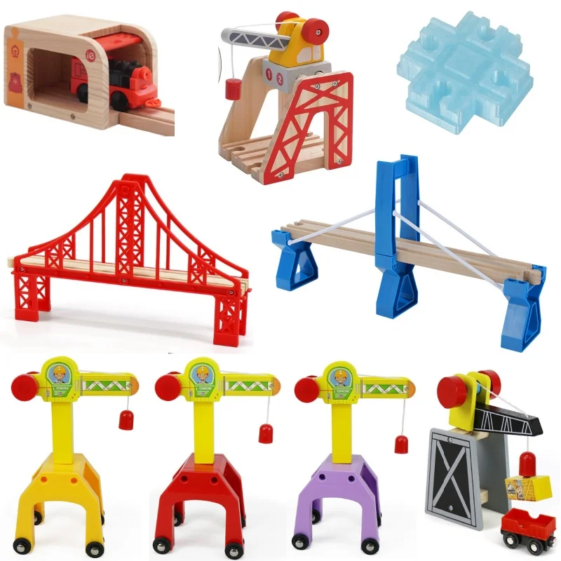 ملحقات مسار القطار البرجي، لعبة تزيين المشهد، محطة جسر نفق مرتفعة، لعبة مسار البناء مع قطار خشبي #3