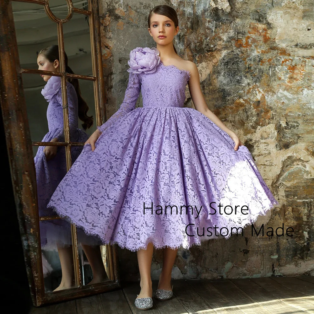 Lavender Lace Flower Girl Dress One Shoulder Long Sleeve Big Flower Puff Tea Length Princess Party Gown for Birthday Dresses