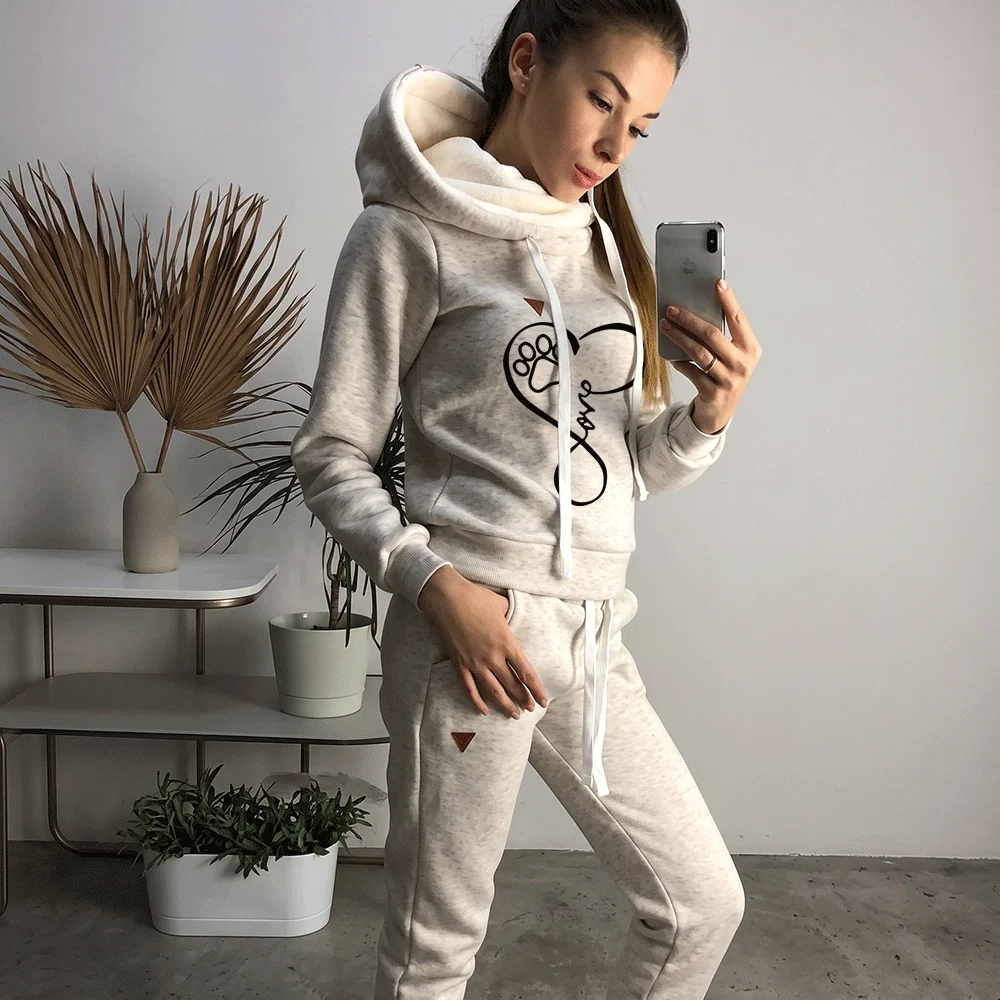Women's 2PCS Tracksuit Heart Paw Print High Collar Hoodie Sweatshirt + Jogger Pants Set Autumn Winter Casual Sportswear Loungewe