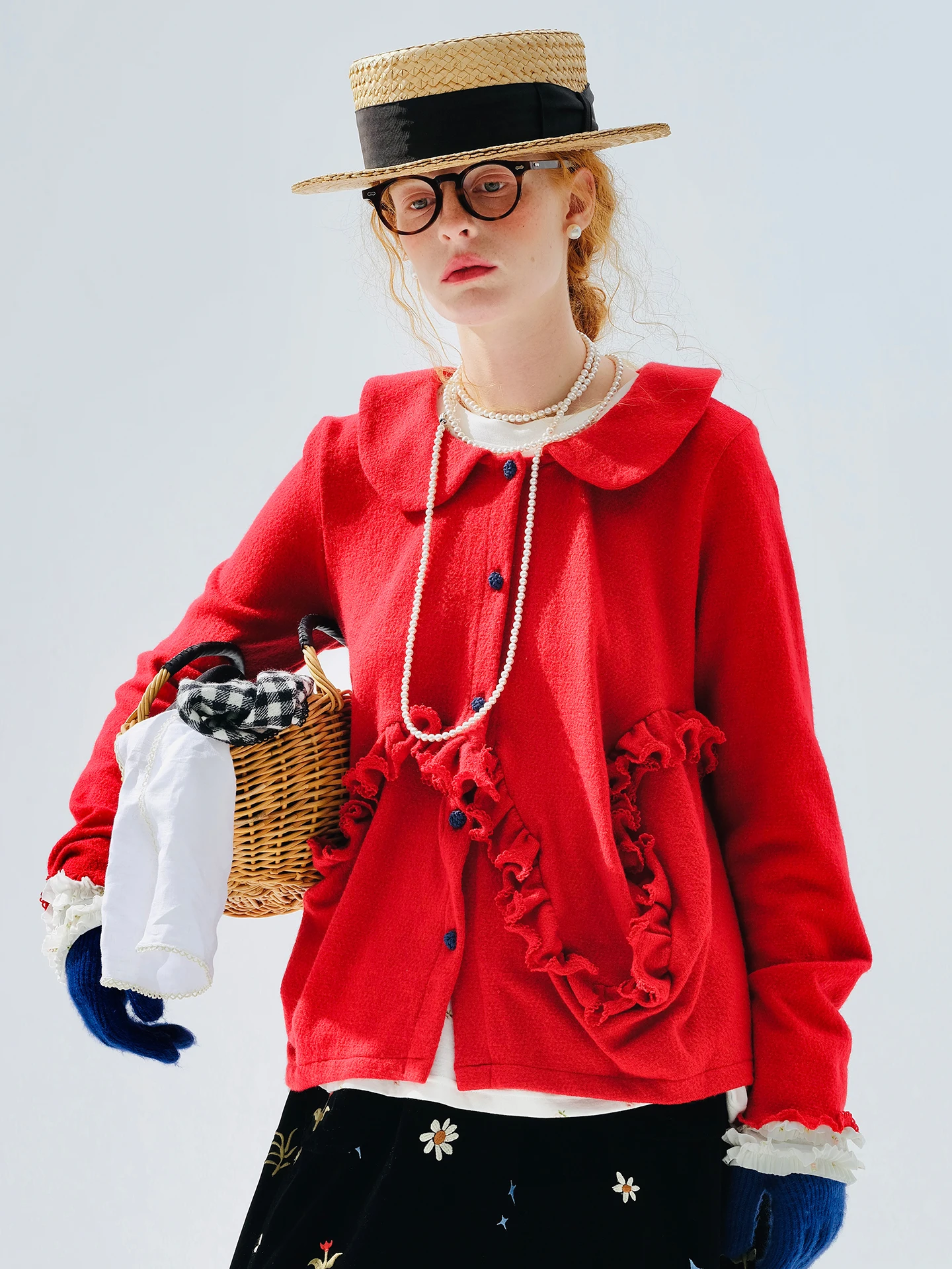 

Red Artistic Knitted Cardigan & Peter Pan Collar Lace Shirt - Long-sleeve Top imakokoni 2025 Autumn Style 255287