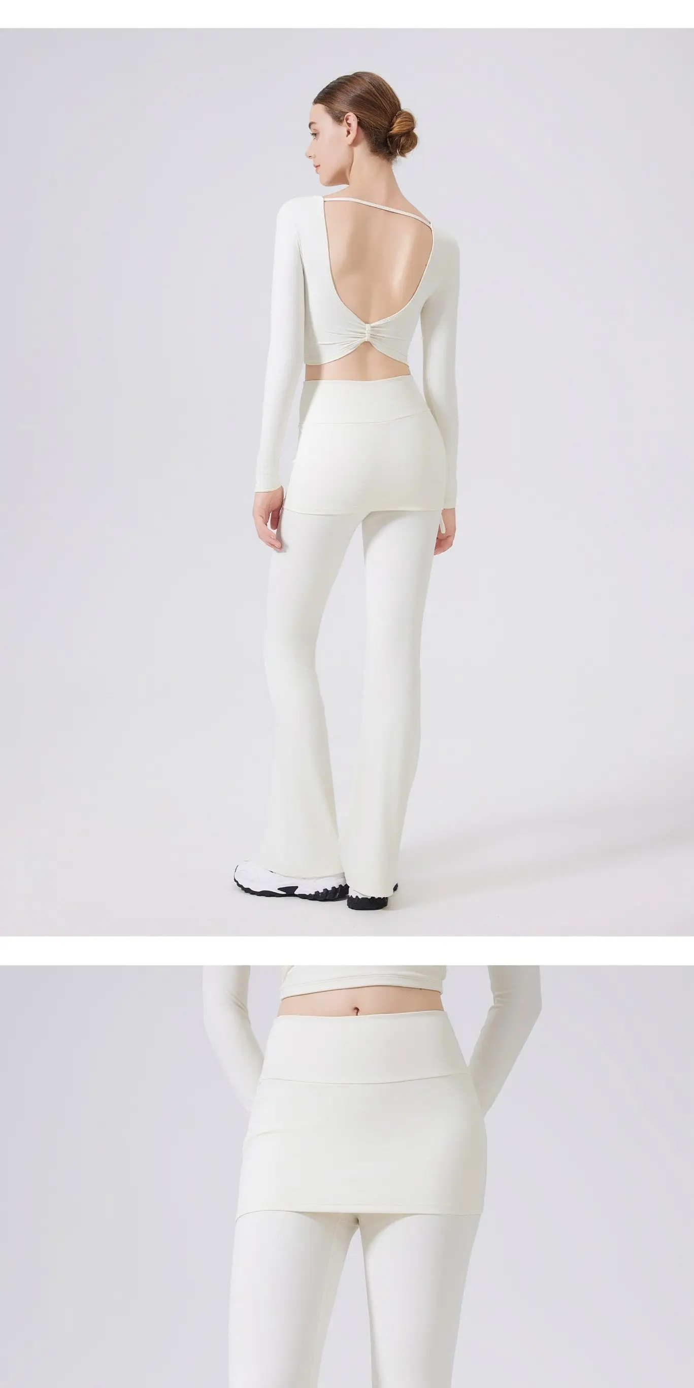 Täuschend echte, hochtaillierte, leicht ausgestellte Hose mit hüftbedeckendem Rock für Damen zum Laufen, Tanztraining, Pilates-Sport. – Detail 3