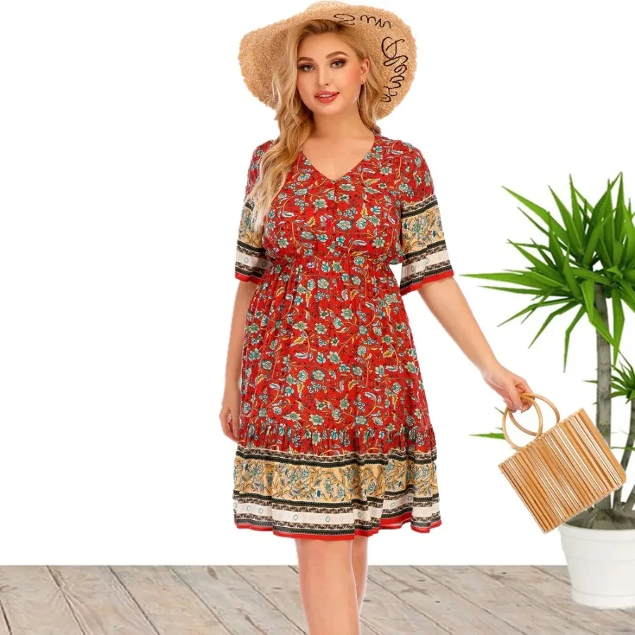 Plus Size Floral Print Short Sleeve Maxi Viscose Dresses For Women