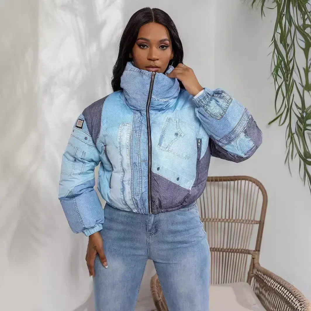

Women Autumn Winter Denim Printed Long Sleeve Parka Coat Zipper Fashion Casual Jackets Stand Collar