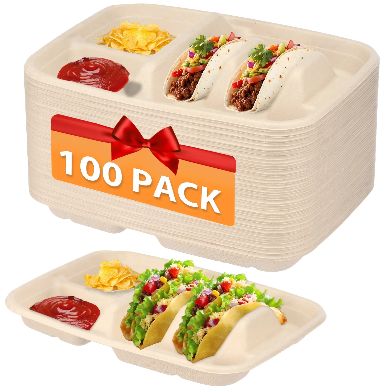 

Taco Plate for 2 Tacos and 2 Sides 100 Pack Vegetable Fiber Plate Fiesta Taco Holder Stand for Home Party Bar Serving Food
