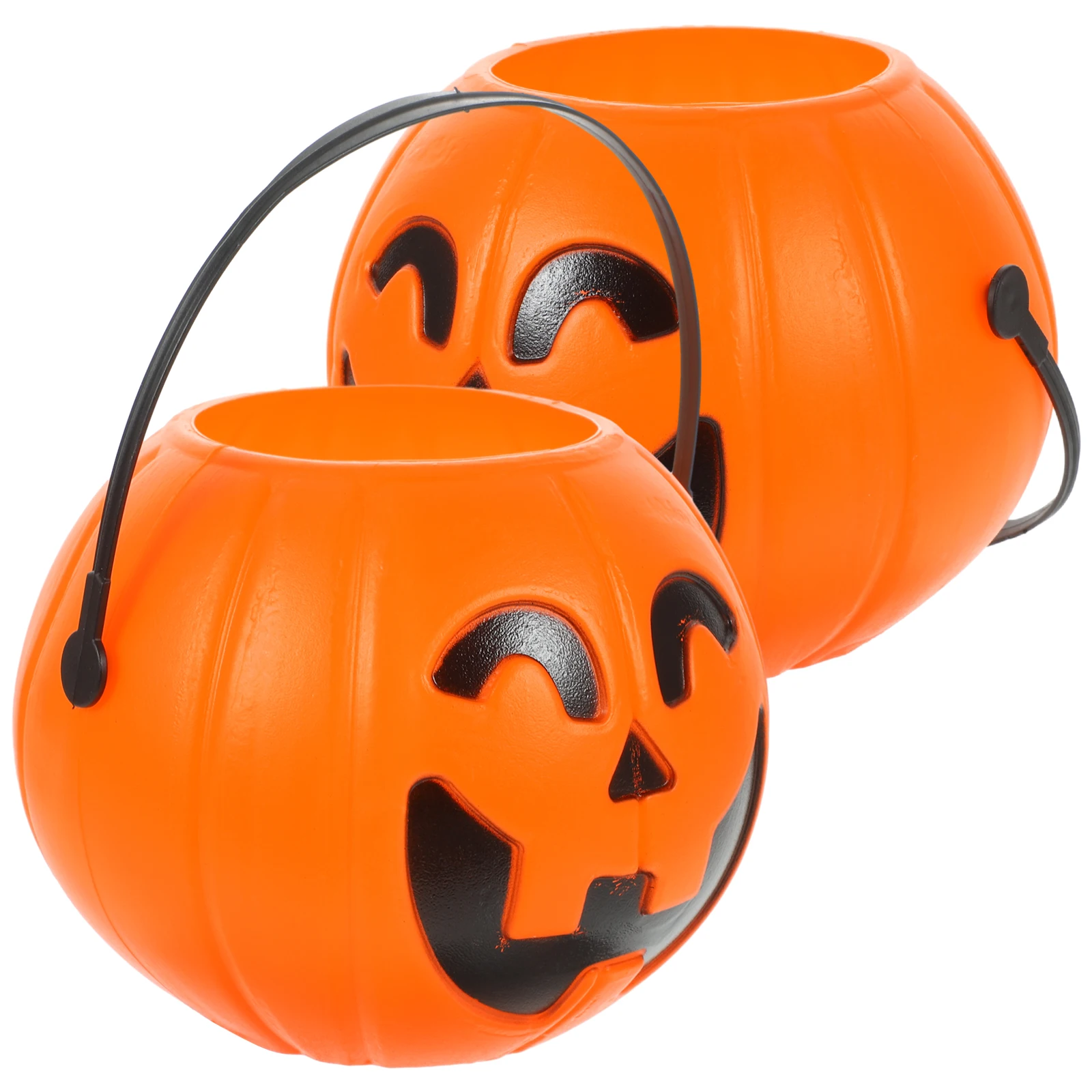 

2pcs 17Cm Halloween Bucket With Handle Black Facial Features Candy Holder For Trick Or Treat Party Decoration
