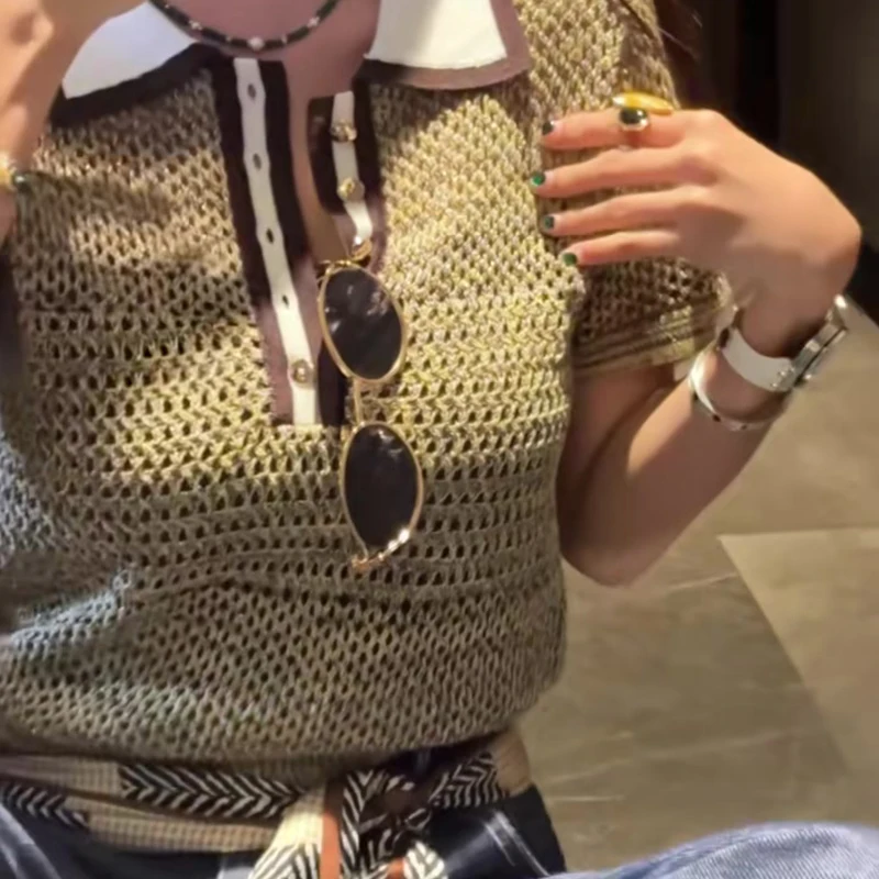 Y2K حجم كبير الصيف متماسكة تي شيرت للنساء الذهبي البني الجوف خارج فضفاضة تناسب بولو طوق بلايز تصميم فريد الأمريكية الرجعية المحملة