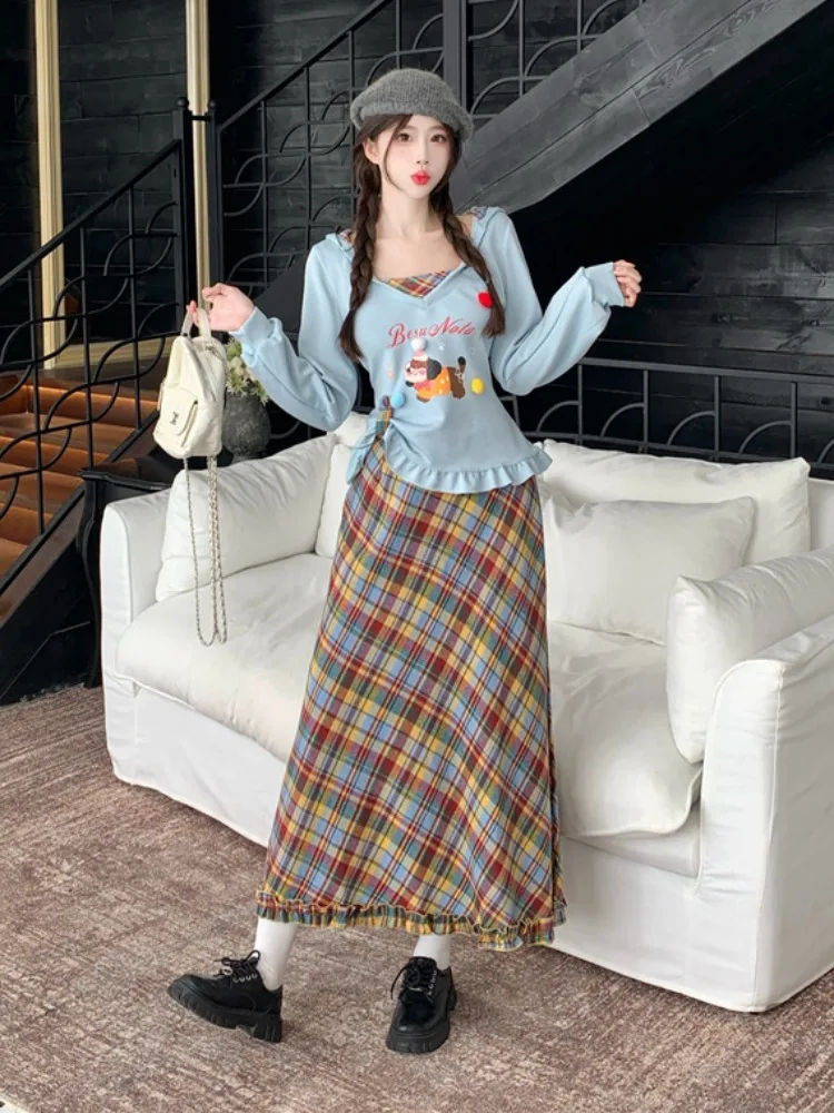 

plus Size Casual Plaid Long Sleeve Hoodie Top And Skirt Set Women's Fashion Autumn Wear Breathable V-Neck Two-Piece Suit