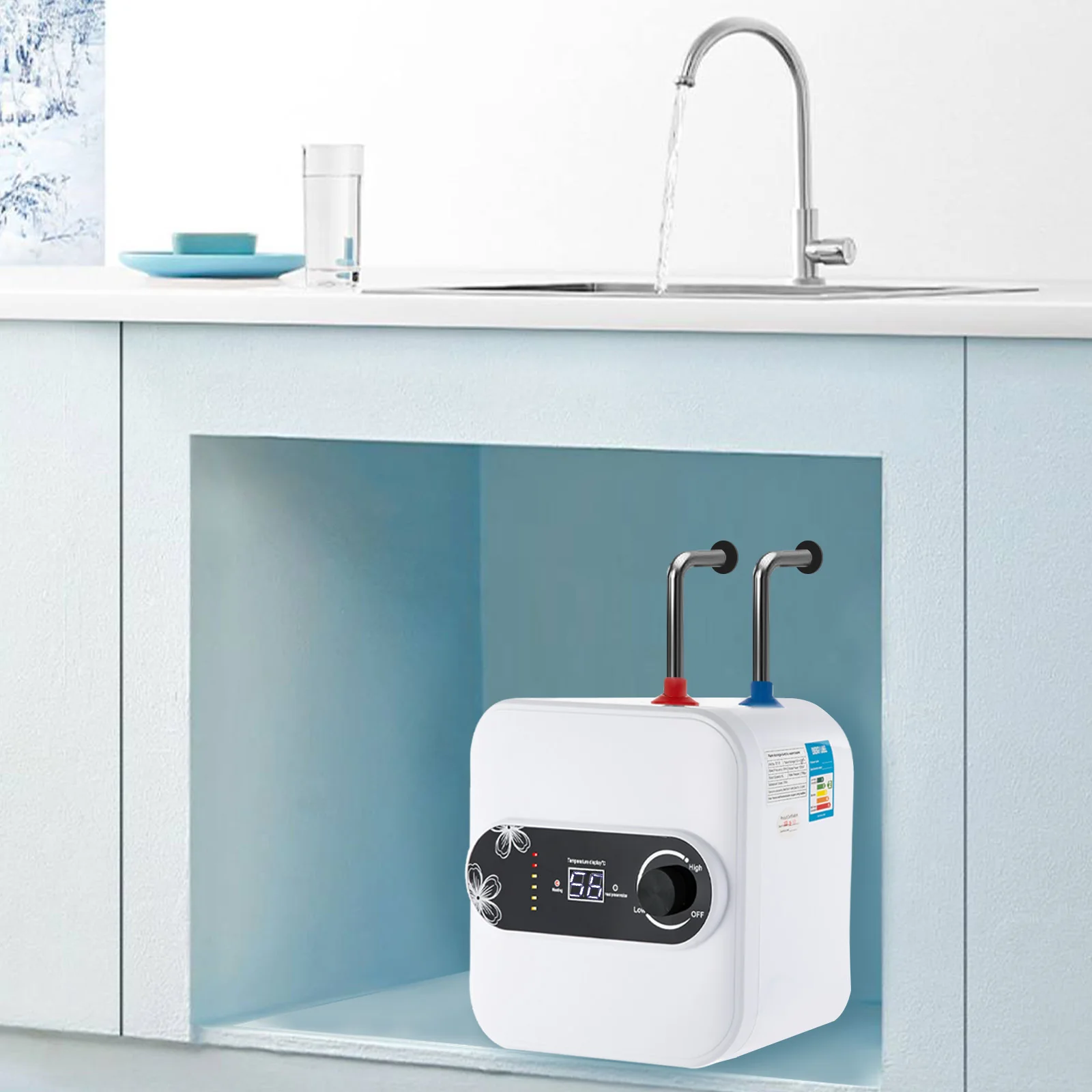Image of Scaldabagno elettrico 8L/6L 1500W con valvola limitatrice di sicurezza Uscita acqua superiore Stoccaggio acqua calda Scaldabagno elettrico istantaneo cod004