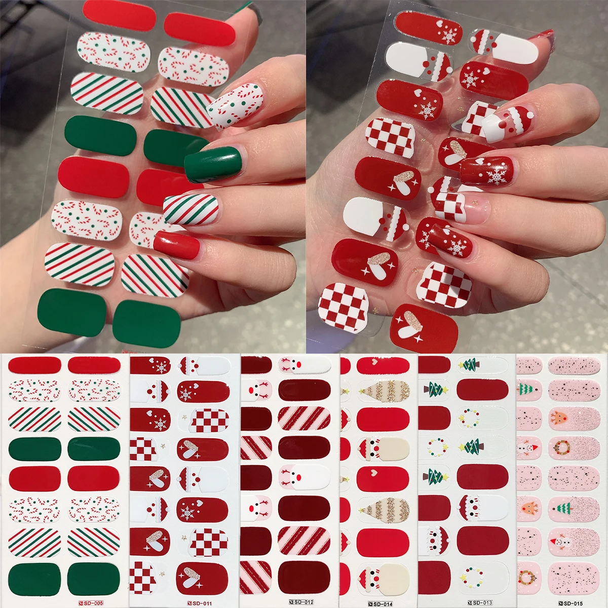 6pcs/set Merry Christmas Nail Art Stickers Semi Cured Gel Nail Polish Strips Full Cover Self-Ashesive Girls Beauty Nails Wraps