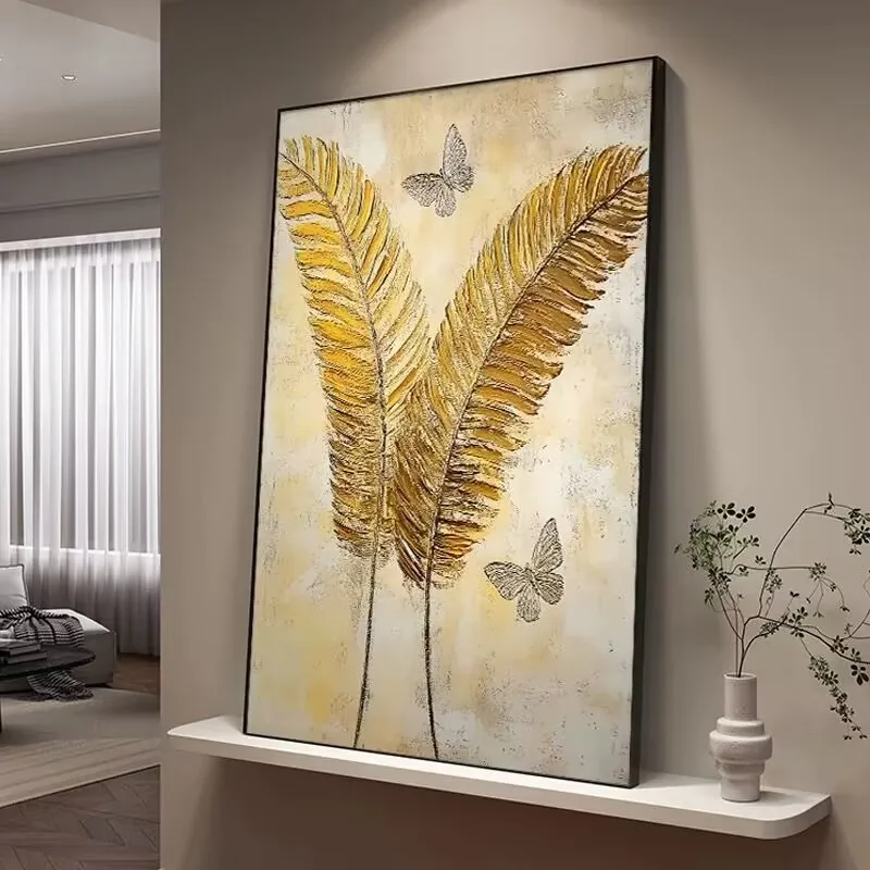 New Golden Leaf Butterfly American Light Luxury Mural with Ancient Style Abstract Handmade Oil Painting Living Dining Room Sofa