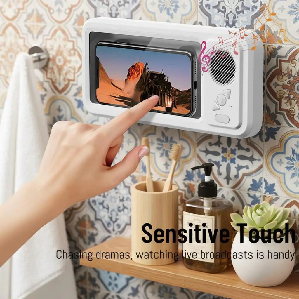 Caja de teléfono impermeable para baño de 360 grados, Altavoz Bluetooth, pantalla táctil antiniebla impermeable, soporte para teléfono de montaje en pared para ducha