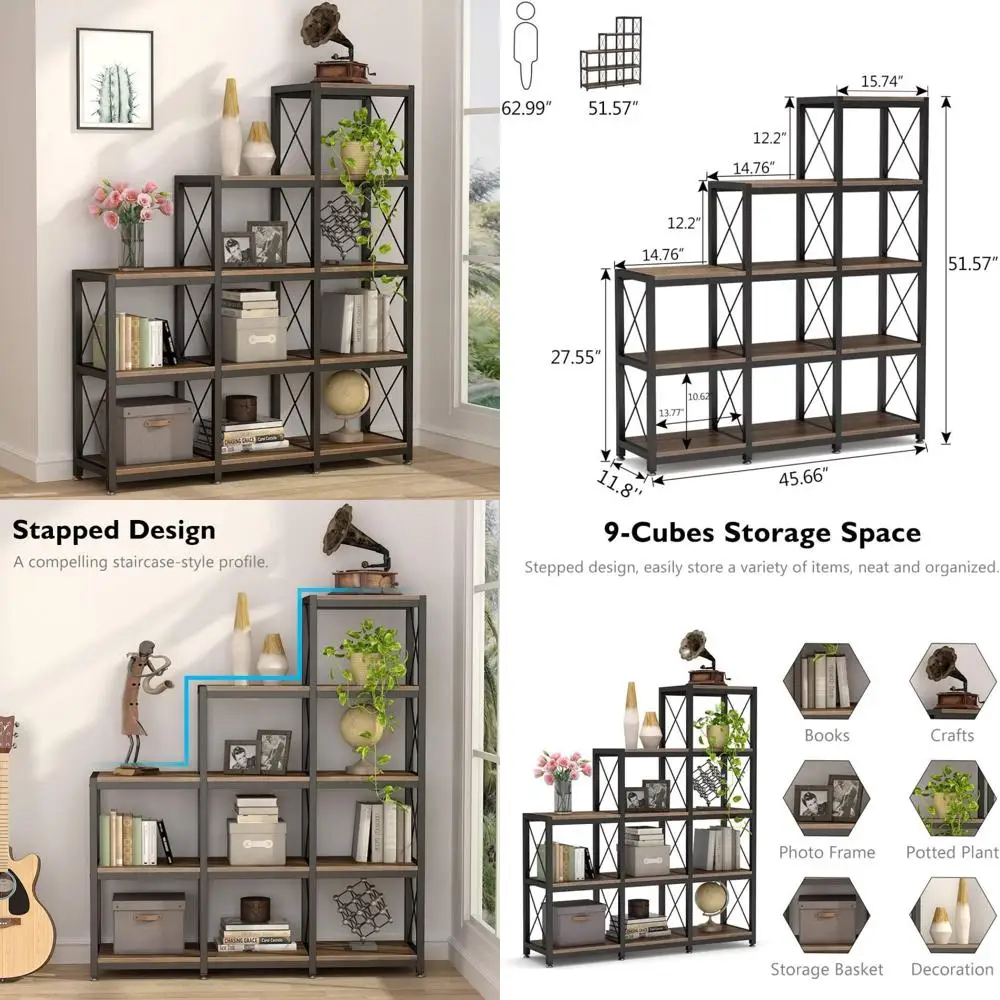 Industrial Style 12-Tier Ladder Bookshelf with 9 Cubes for Corner Display and Rustic 5-Tier Shelving
