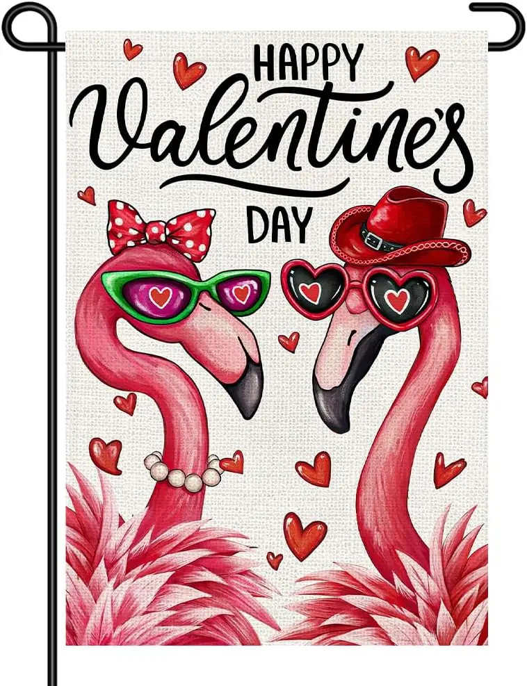 Valentines Day Flamingo Garden Flag 12x18 Inch Double Sided, Cute Pink Flamingo Couple Yard Flags Small Sign for Front Porch uui