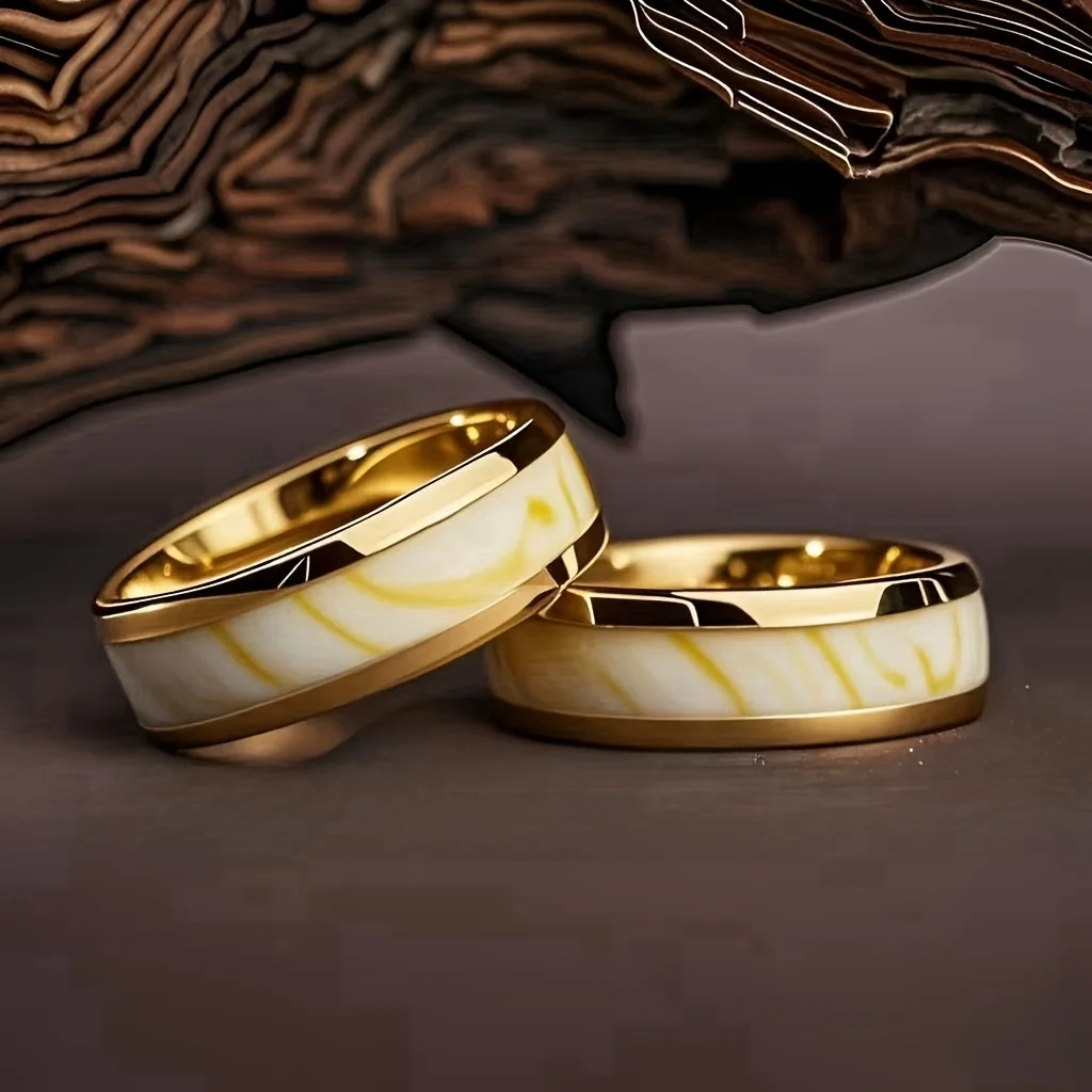 8MM Fashion Gold Color Men Stainless Steel Rings Unique Stone Inlay Engagement Wedding Band Jewelry Party Ring Accessories Gift