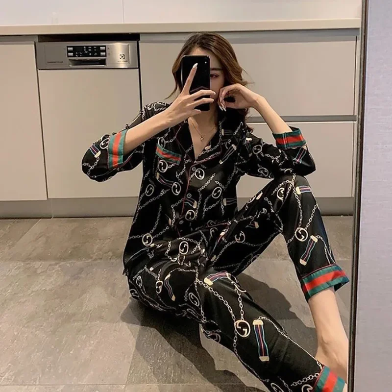 Women Plus Size Pajamas Silk Long Sleeve School Loungewear Two-Piece Fashion Webbing Chain Pattern Trouser Set Sexy Sleepwear image 3
