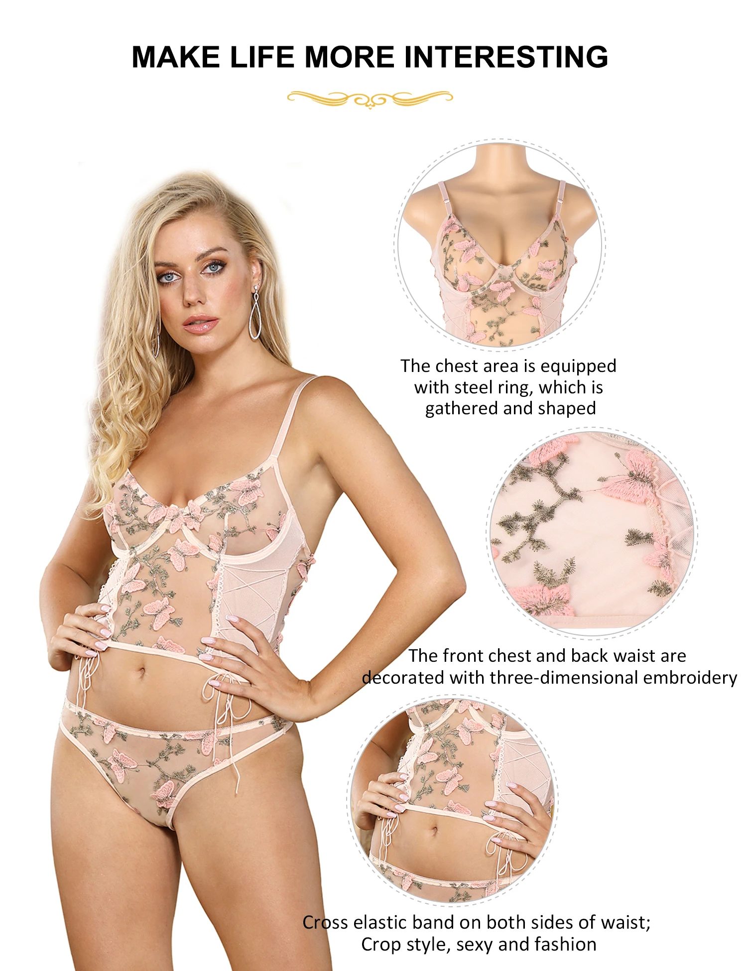 Comeondear Butterfly Women Bra and Panties Erotic Embroidery Underwear Set Transparent Mesh Large Size Erotic Sexy Lingerie Set