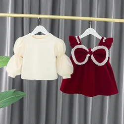 Autumn Toddler Winter Baby Girls Dress Kids Red Christmas New Year Plush Warm Dress Infant Clothing Set Top+skirt For 1-4 Years